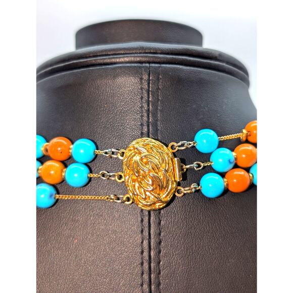 Vintage Three Strand Aqua Brick Gold Tone & Silver Tone Beaded Pendant Necklace - Picture 6 of 7